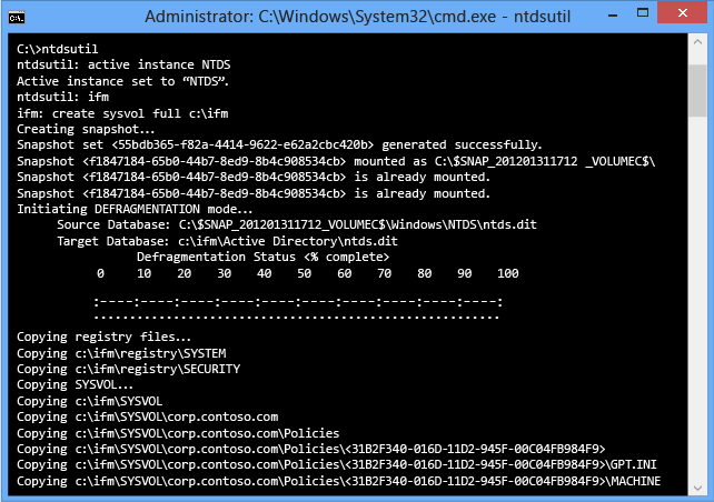 Screenshot of the Command Prompt window showing the results of running ntdsutil.