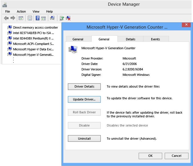 Microsoft Hyper-V Generation Counter の詳細を示すスクリーンショット。