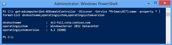 Windows PowerShell パイプラインの前にドメイン名を指定し、返されたプロパティをフィルター処理する方法を示すターミナル ウィンドウのスクリーンショット。