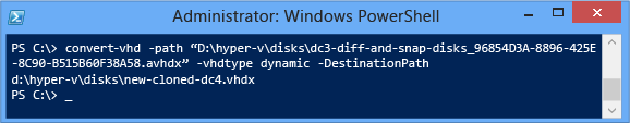 VM のディスク スナップショットと親ディスクのチェーン全体を DC4-CLONED.VHDX という名前の新しい単一ディスクにエクスポートする方法を示すターミナル ウィンドウのスクリーンショット