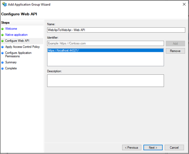 Screenshot of the Configure Web API page of the Add Application Group Wizard showing the correct identifier.