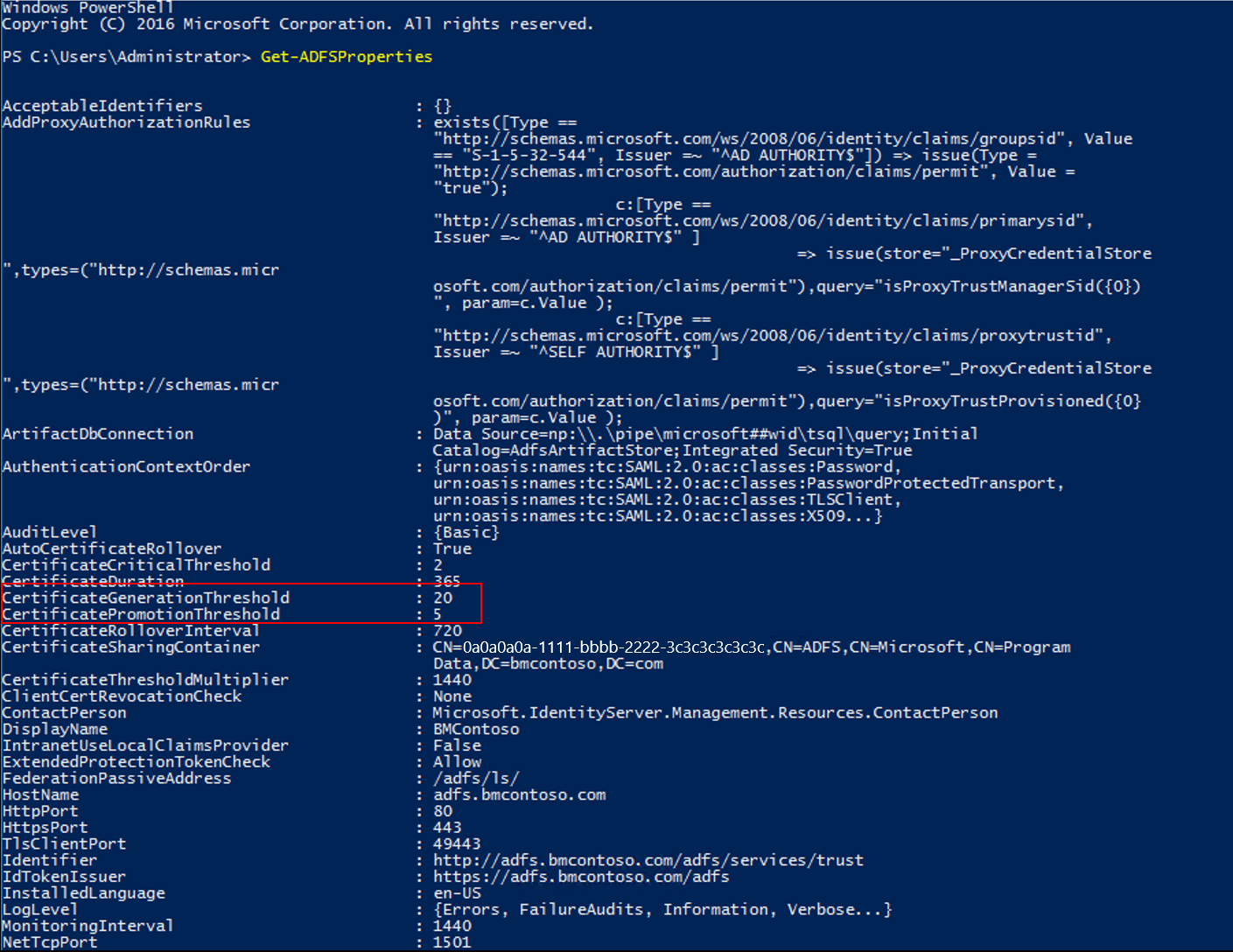 Screenshot of the PowerShell window, highlighting the CertificateGenerationThreshold and CertificatePromotionThreshhold values.