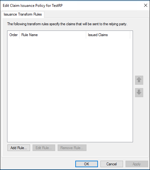 Screenshot that shows where to select Add Rule when you create a rule to pass through or filter an incoming claim on a Relying Party Trust in Windows Server 2016.