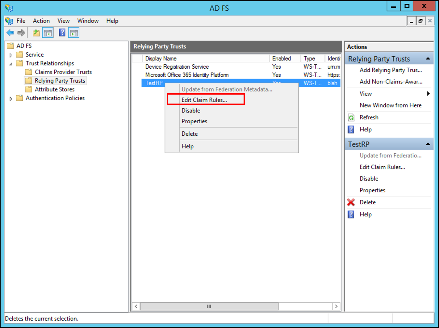 Screenshot that shows where to select Edit Claim Rules when you create a rule to send claims by using a custom claim in Windows Server 2012 R2.