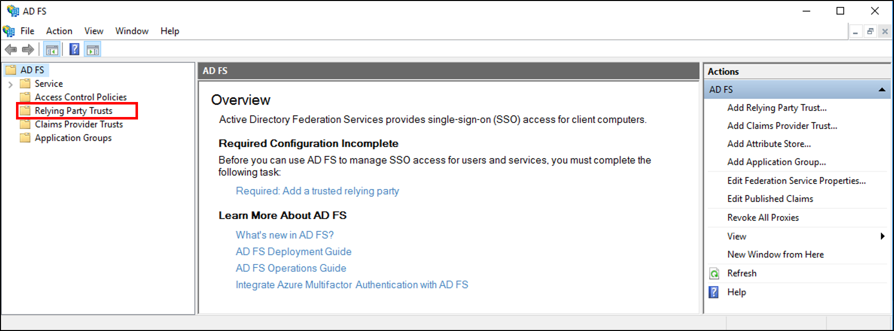 Screenshot that shows where to select Relying Party Trusts.