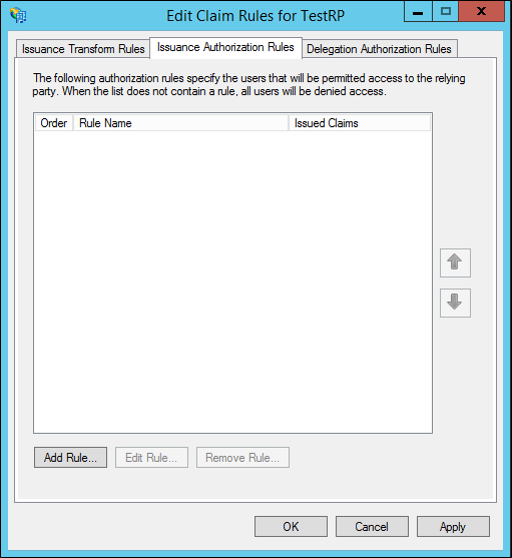 Screenshot that shows where to select Add Rule when you create a rule by using the Send Group Membership as Claims rule template.