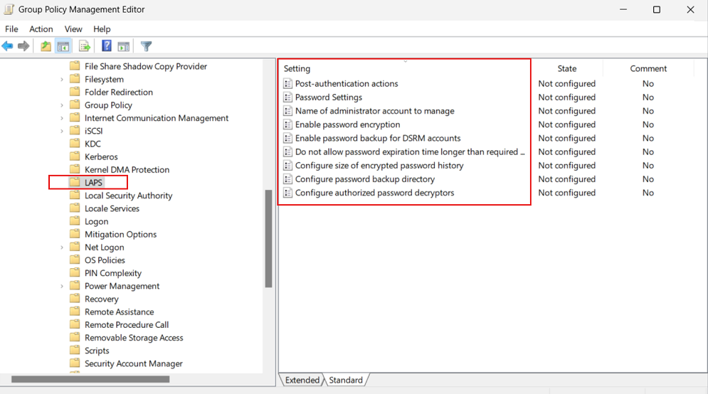 Windows LAPS ポリシー設定を示すグループ ポリシー管理エディターのスクリーンショット。