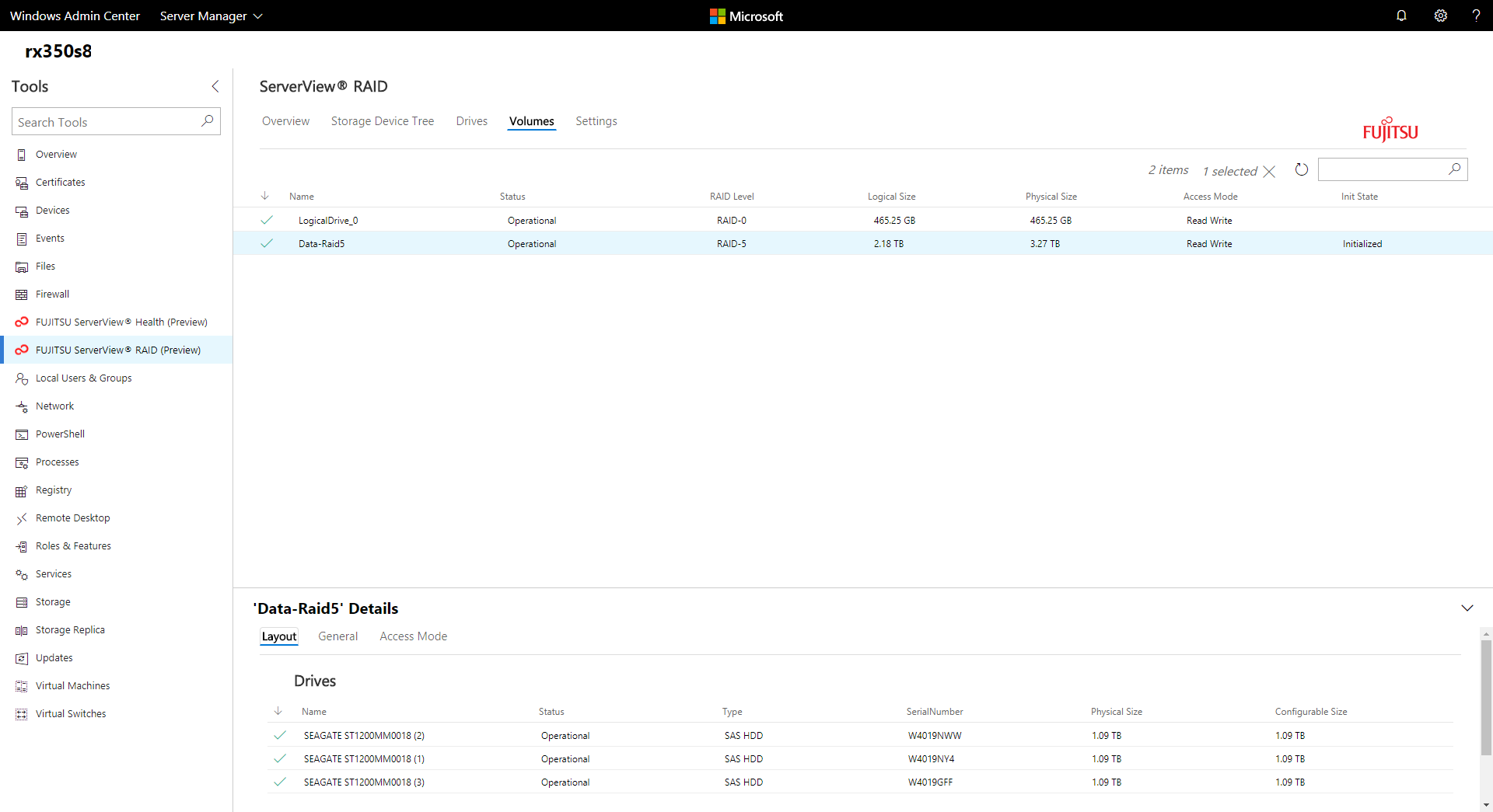 Fujitsu extension - RAID volumes view