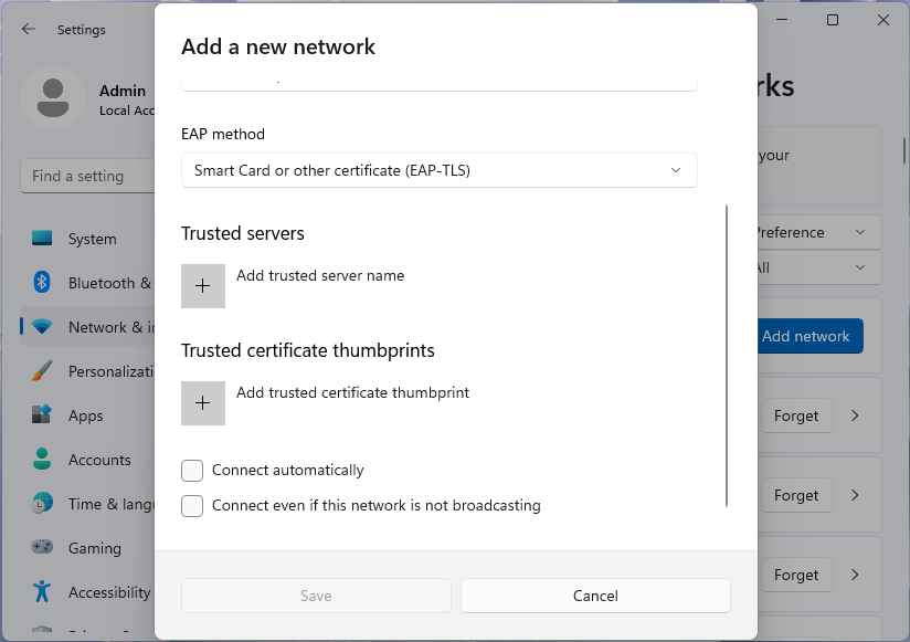 Windows 11 設定アプリの新しいネットワークの追加ダイアログのスクリーンショット。WPA3-Enterprise と EAP-TLS が表示されている。