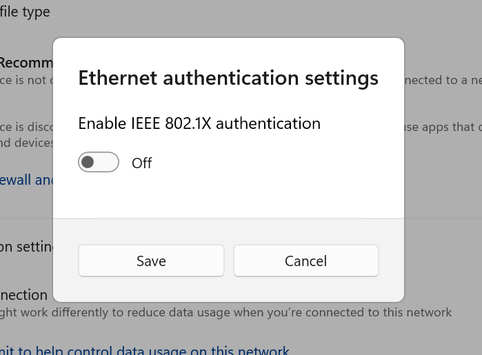 Windows 11 設定アプリの [Ethernet authentication settings] (イーサネット認証設定) ダイアログのスクリーンショット。