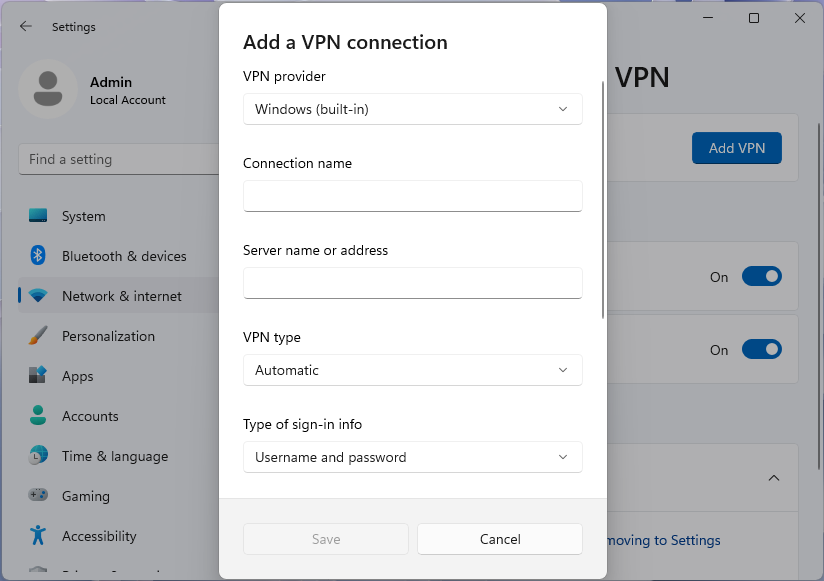 Windows 11 設定アプリの VPN 接続の追加ダイアログのスクリーンショット。