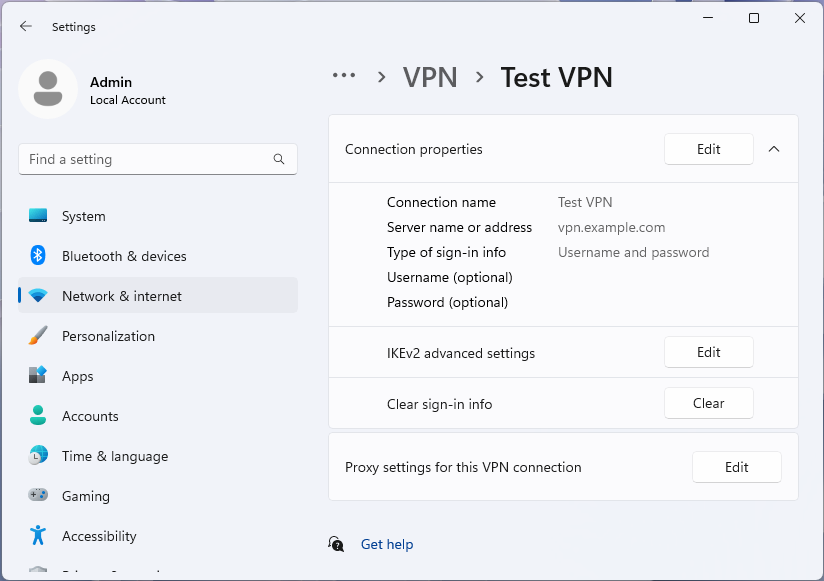 Windows 11 設定アプリの VPN 詳細オプション ページのスクリーンショット。