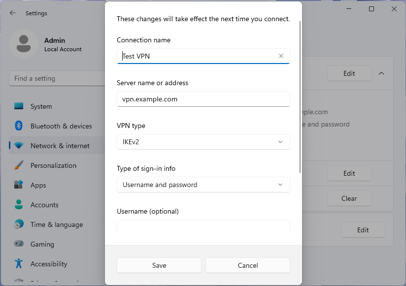 Windows 11 設定アプリの VPN プロファイルの編集ダイアログのスクリーンショット。