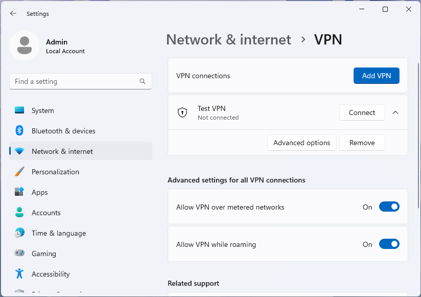 Windows 11 設定アプリの [VPN] ページのスクリーンショット。プロファイルが選択されている。