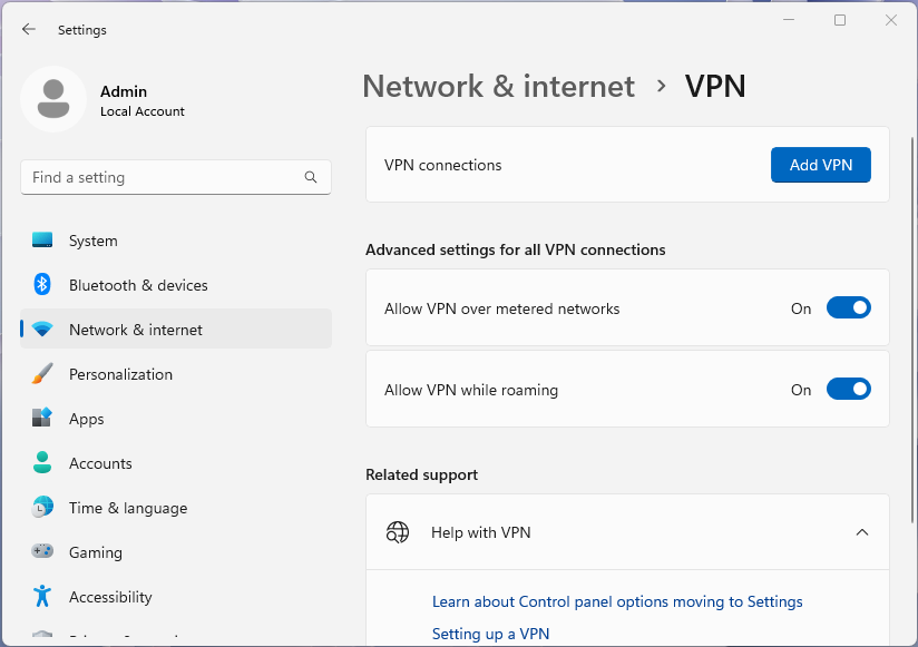 Windows 11 設定アプリの [VPN] ページのスクリーンショット。
