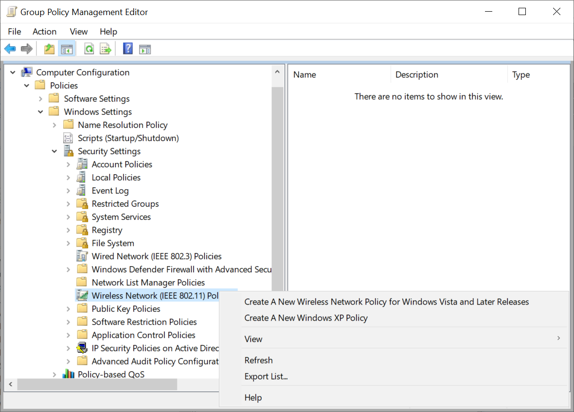 グループ ポリシー管理エディターの [Windows Vista 以降のリリース用の新しいワイヤレス ネットワーク ポリシーを作成する] オプションのスクリーンショット。