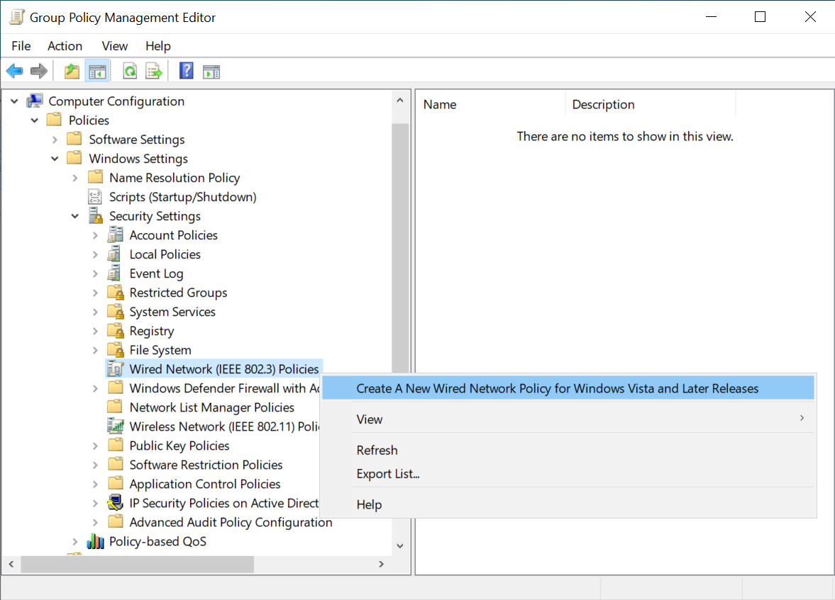 グループ ポリシー管理エディターの [Windows Vista 以降のリリース用の新しい有線ネットワーク ポリシーを作成する] オプションのスクリーンショット。