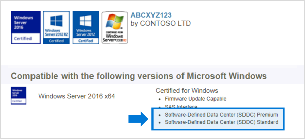 Software-Defined Data Center (SDDC) Premium 認定を含むシステムを示す Windows Server カタログのスクリーンショット
