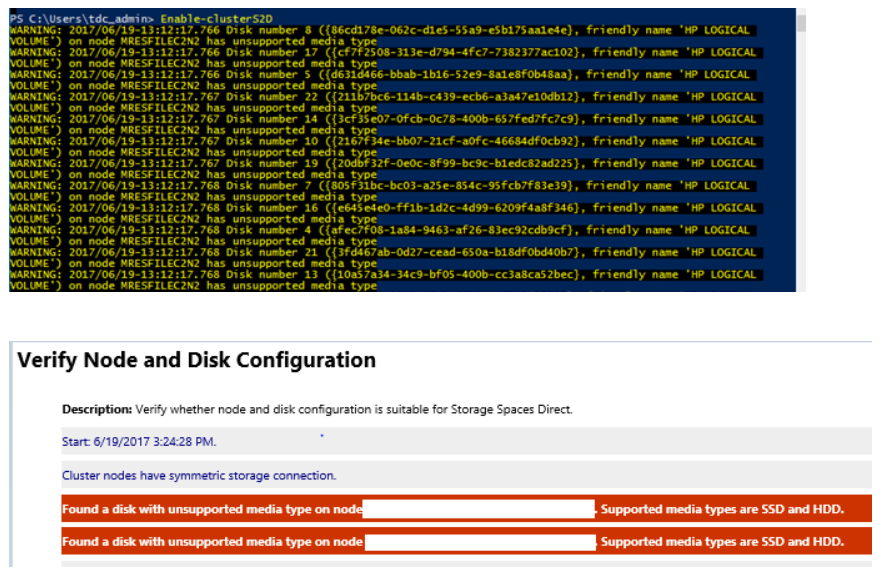 A screenshot of errors when running the Enable-ClusterS2D cmdlet when unsupported media is present.