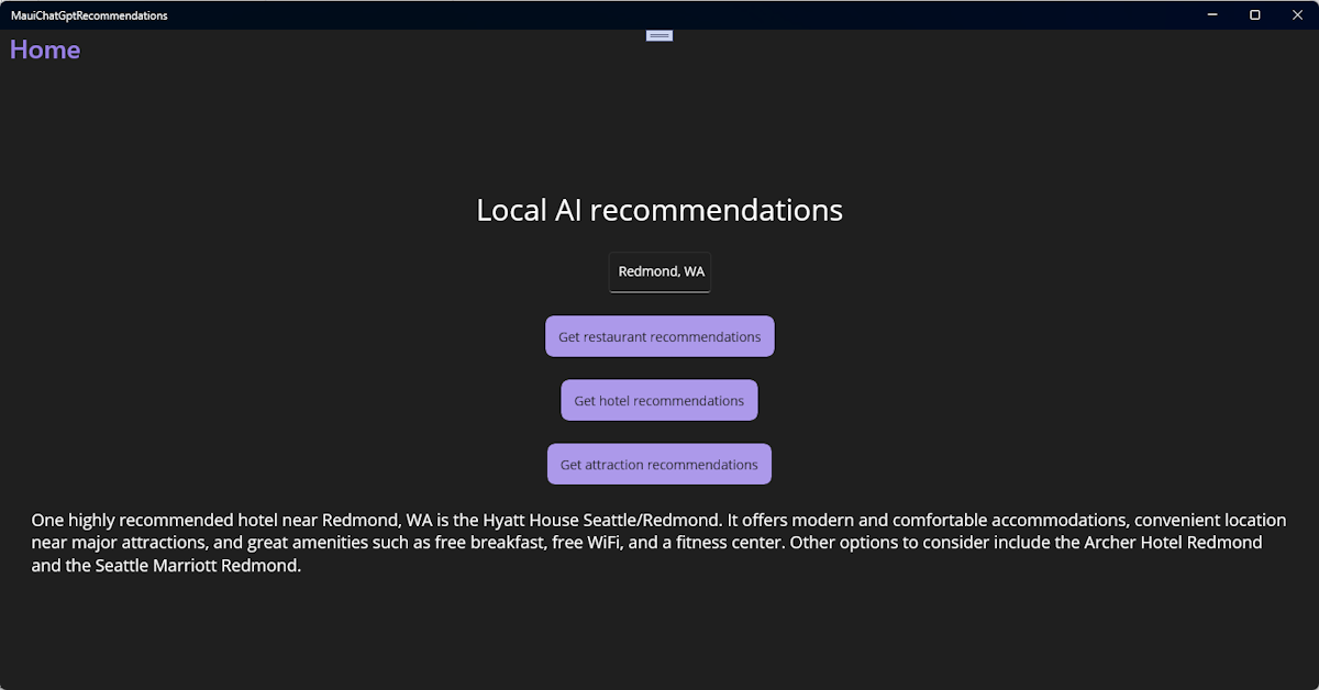 ChatGPT からの推奨事項と結果を提供するための UI を備えた Windows .NET MAUI アプリ。