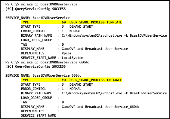 2 つのサービスで sc.exe qc を実行し、出力で型値を強調表示している Windows コマンド ライン セッションのスクリーンショット