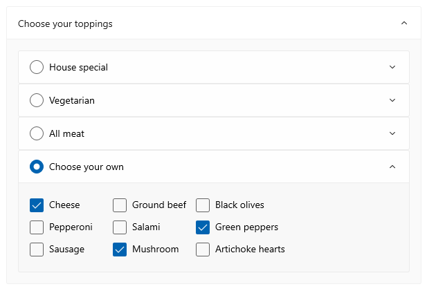 コンテンツにネストされている 4 つの Expanderがある 開いている Expander。ネストされている各 Expander コントロールには、ヘッダーにラジオ ボタンとテキストが表示されています。