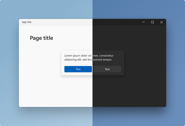 ウィンドウとモーダル ダイアログ (左側がライト モード、右側がダーク モード)