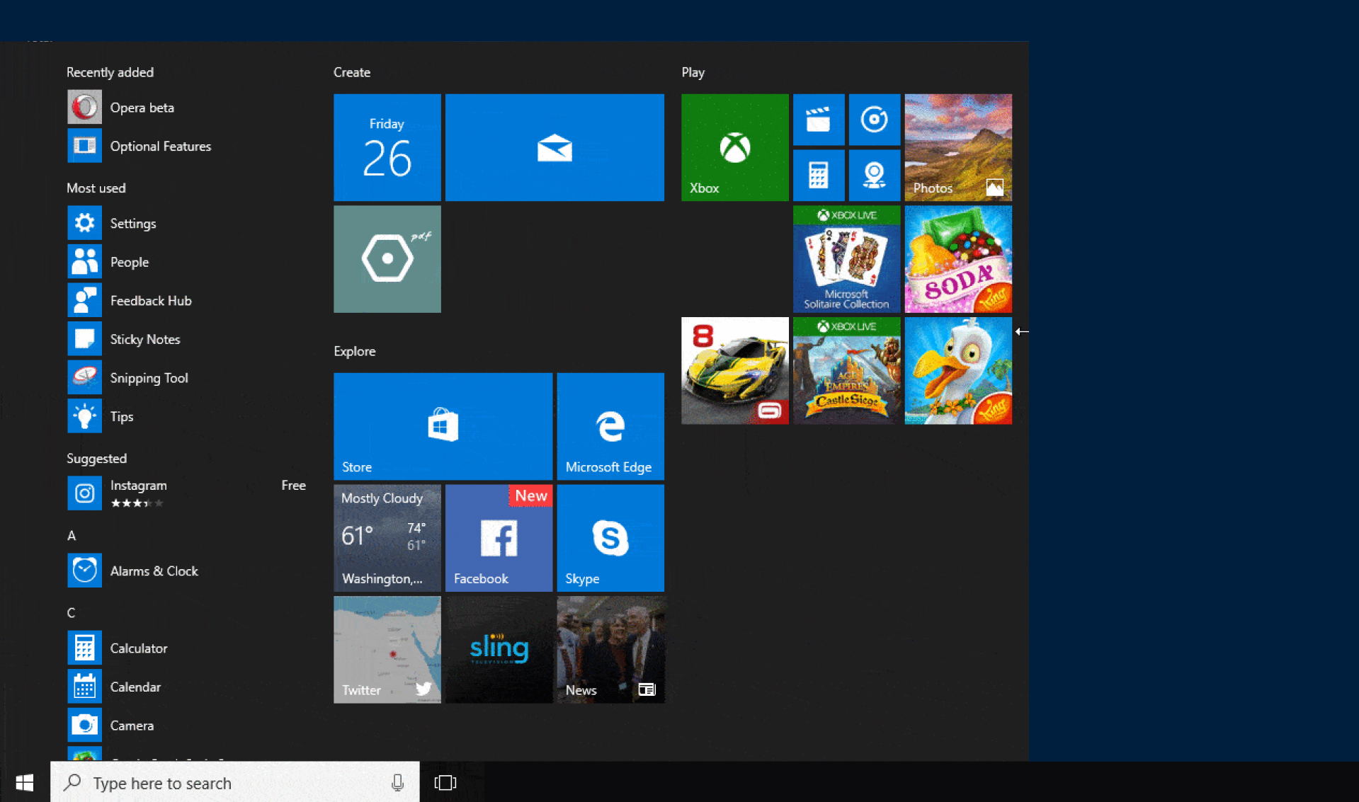 アプリ アイコンが表示された Windows スタート メニューのスクリーンショット。