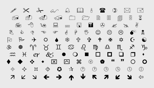 Wingdings アイコンの大きなグループのスクリーンショット。