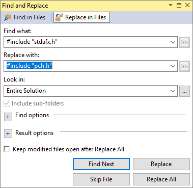 Find and replace stdafx.h