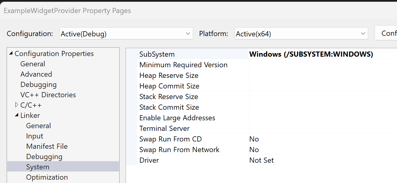 出力の種類が Windows アプリケーションに設定されている、C++ ウィジェット プロバイダー プロジェクトのプロパティを示すスクリーンショット