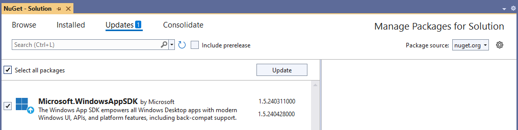 Windows アプリ SDK パッケージの更新を示す Visual Studio の NuGet パッケージ マネージャーのスクリーンショット。