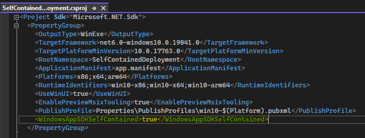 プロジェクト ファイルに設定された WindowsAppSDKSelfContained プロパティを示すスクリーンショット。