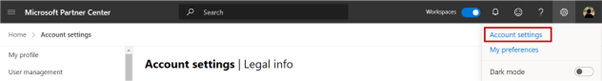 Microsoft パートナー センターの歯車メニューの [アカウント設定] オプションを示すスクリーンショット。
