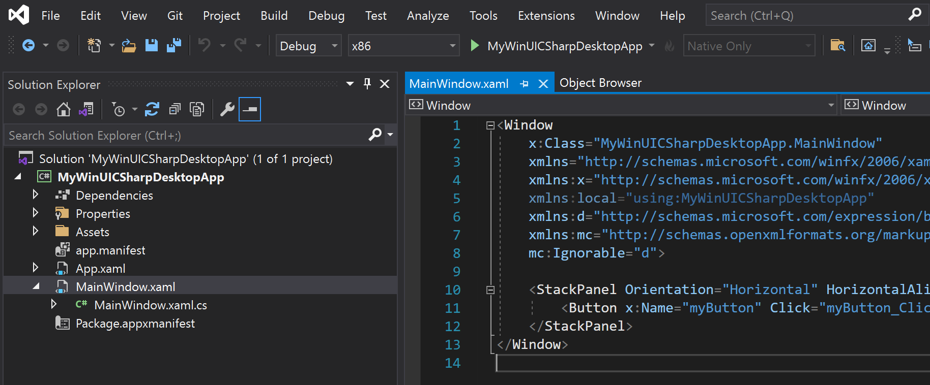 Visual Studio で、ソリューション エクスプローラー ペインと、単一プロジェクト MSIX のメインの Windows XAML.CS ファイルの内容が表示されているスクリーンショット。