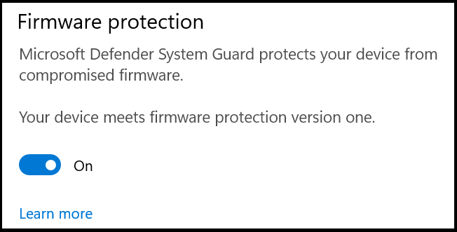 System Guard の説明を含む Defender ファームウェア保護設定は、デバイスを侵害されたファームウェアから保護します。設定は [オフ] に設定されます。