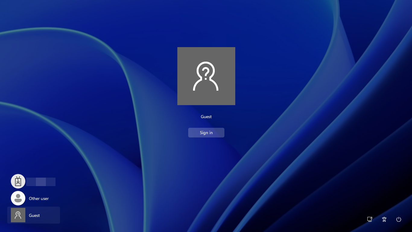 [ゲスト] オプションが有効になっているWindows 11サインイン画面。