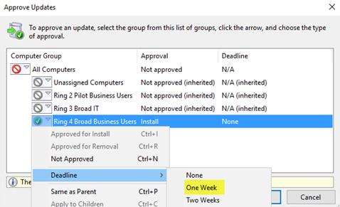 WSUS 管理コンソールで 1 週間の期限を選択します。