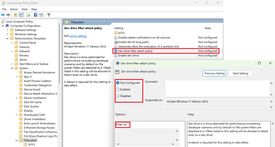 ローカル グループ ポリシー エディターで [開発者ドライブ フィルターのアタッチ ポリシーとフィルター一覧] を選択したスクリーンショット