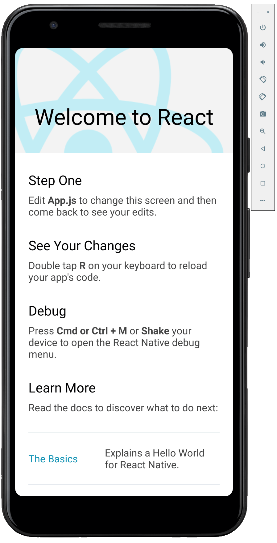 Android エミュレーターで実行されているデフォルトの React Native アプリのスクリーン ショット