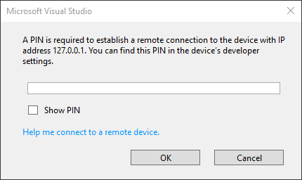 Visual Studio の PIN の入力を求めるポップアップのスクリーンショット