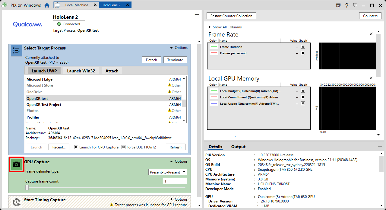 PIX アプリケーションのスクリーンショット。[PC connection]\(PC 接続\) パネルが開いていて、[GPU Capture]\(GPU キャプチャ\) が強調表示されています