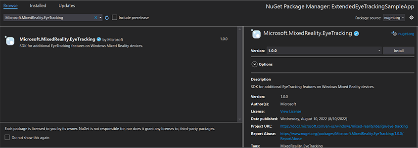 Eye Tracking SDK Nuget パッケージのスクリーンショット。