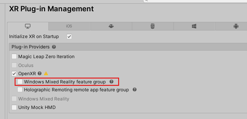 OpenXR プラグインとWindows Mixed Reality機能グループが強調表示されている [プロジェクト設定] ウィンドウのスクリーンショット。