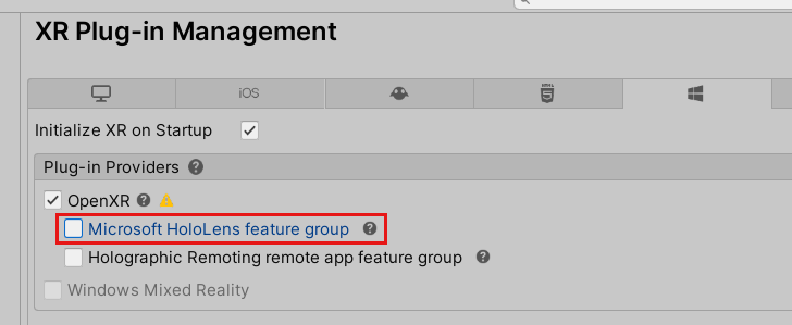 OpenXR プラグインとMicrosoft HoloLens機能グループが強調表示された [プロジェクト設定] ウィンドウのスクリーンショット。
