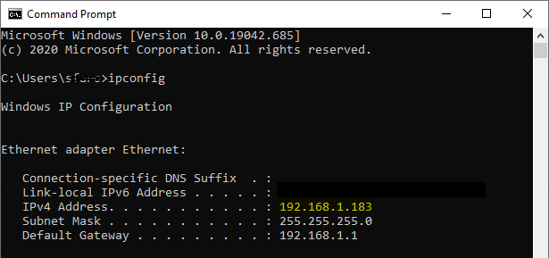 ipconfig コマンドのコマンド ライン結果のスクリーンショット