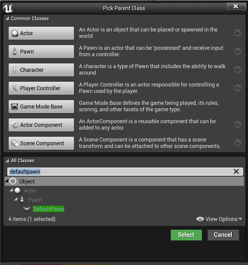 DefaultPawn から継承して新しいポーンを作成する