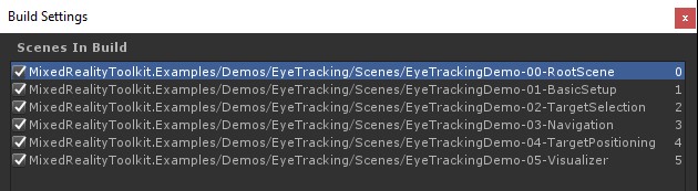 視線追跡のサンプル用の [ビルド設定] シーン メニュー