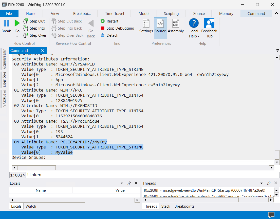 WinDbg を使用して、プロセスのセキュリティ属性をダンプします。