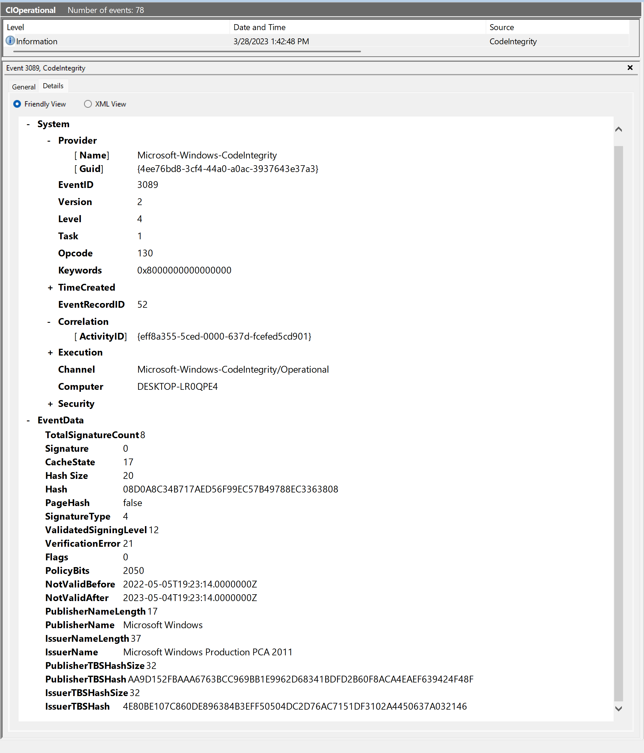 PowerShell.exe の例 3089 署名情報イベント。